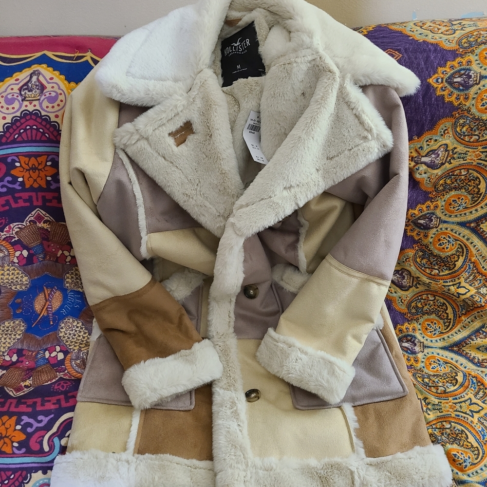 Hollister FAUX SHEARLING PATCHWORK COAT - New